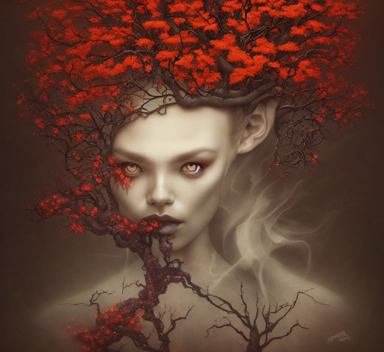 Portrait of person with tree branches for hair, vibrant red leaves, purple eyes.