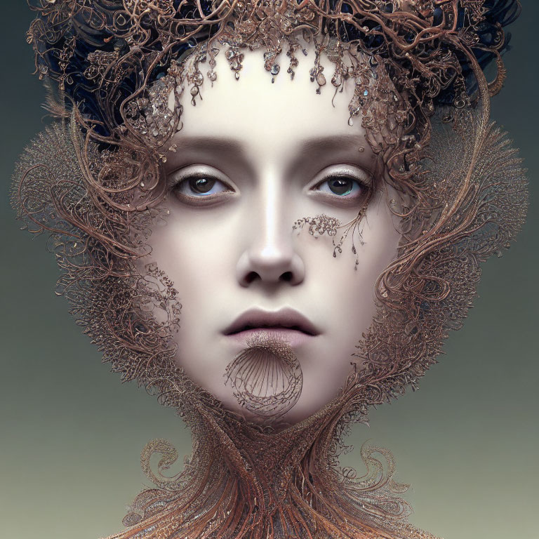 Intricate metal filigree hair in surreal portrait