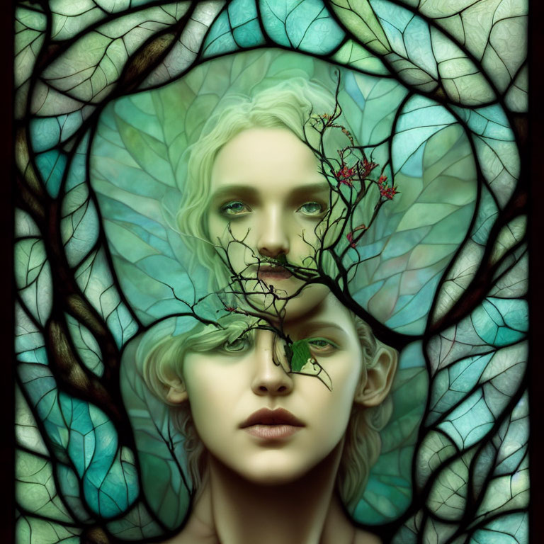 Surreal portrait: entwined faces, leaves, branches, stained-glass backdrop