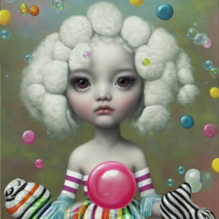 Surreal portrait of girl with cloud-like hair and third eye surrounded by colorful bubbles holding spherical object