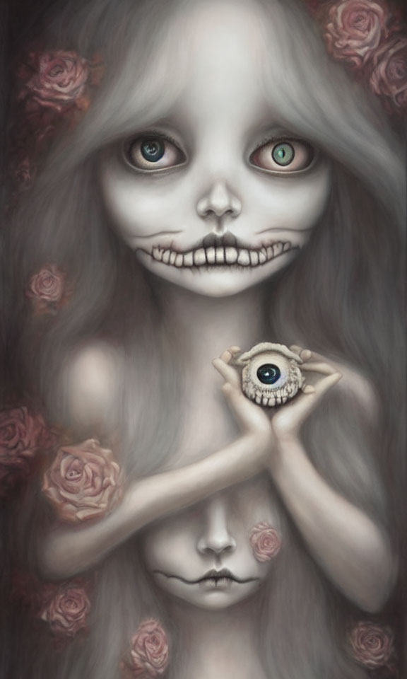 Surreal portrait of figure with skeletal grin holding eyeball, surrounded by roses