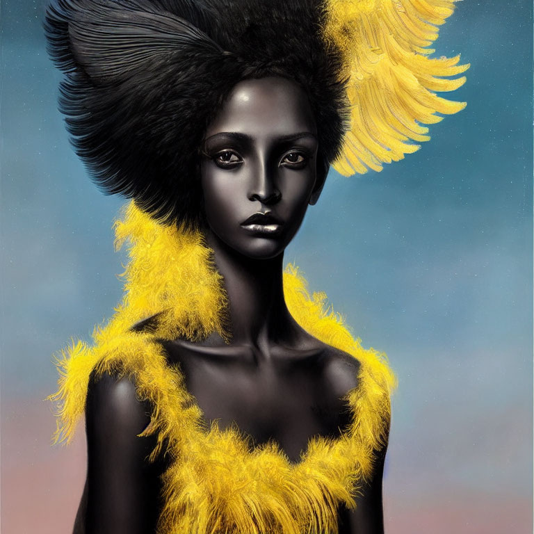 Stylized portrait of a person with dark skin and feathered headpiece against cloudy sky.