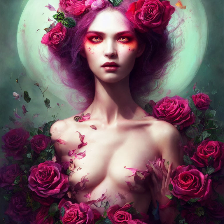 Digital artwork of mystical woman with purple eyes, floral crown, surrounded by blooming roses