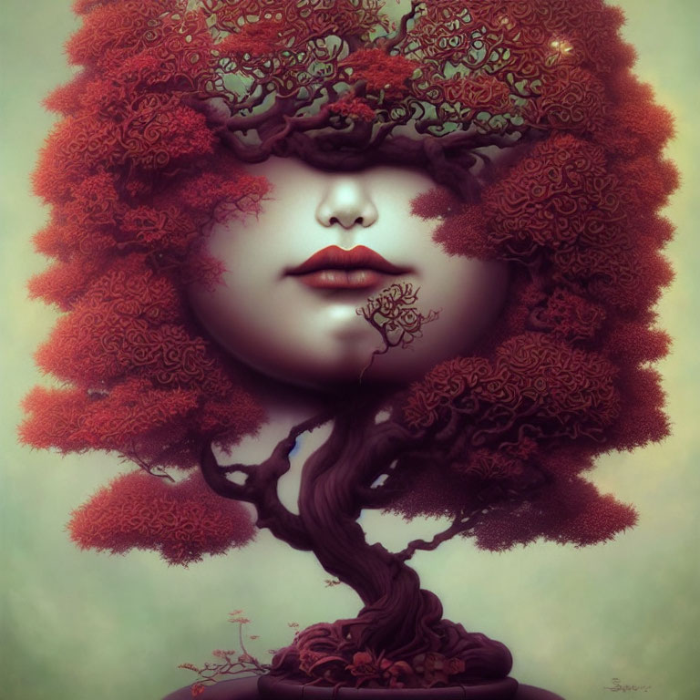 Surreal portrait of woman with tree trunk neck and red leaf hair