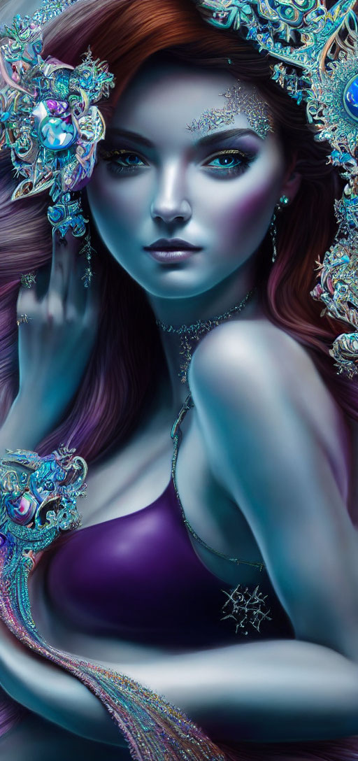 Digital Artwork: Woman with Red Hair and Elaborate Blue Jewelry