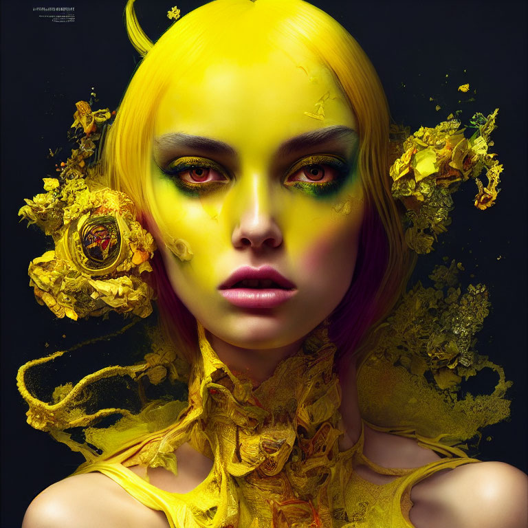 Vibrant yellow makeup and floral hair adorn avant-garde portrait