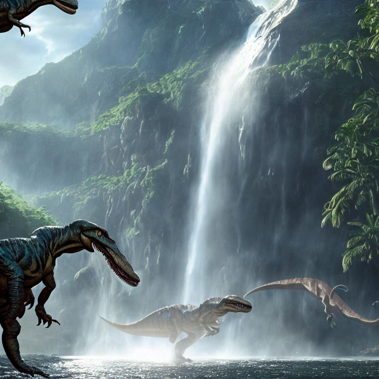 Prehistoric landscape with two dinosaurs near a waterfall