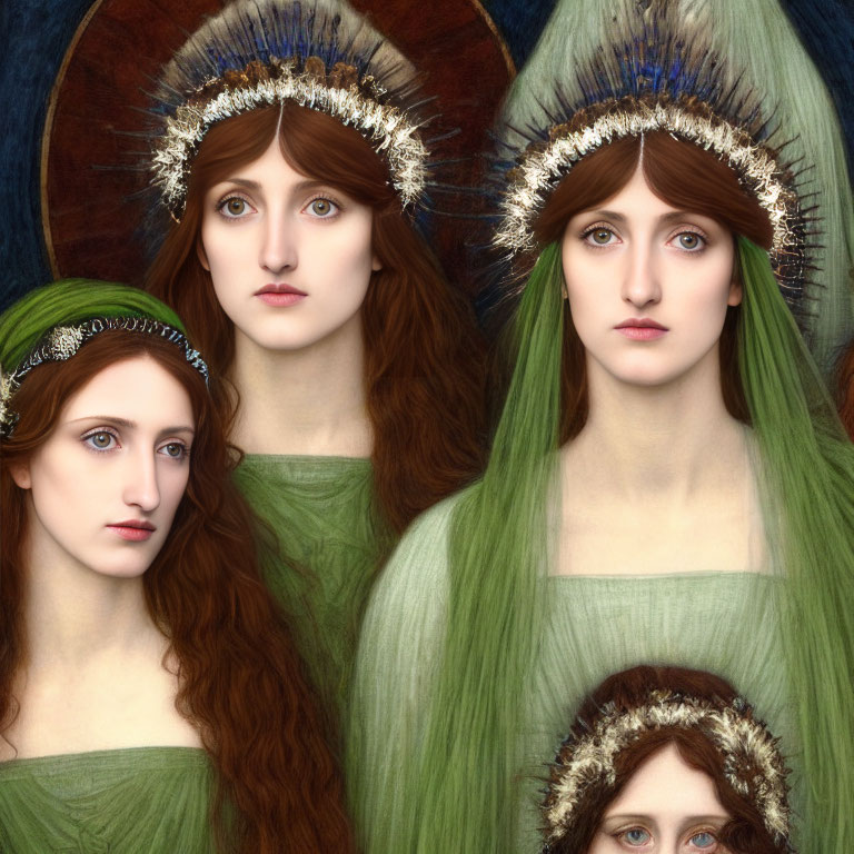 Four Women with Pale Skin and Long Reddish-Brown Hair in Green Dresses and Halos on Blue