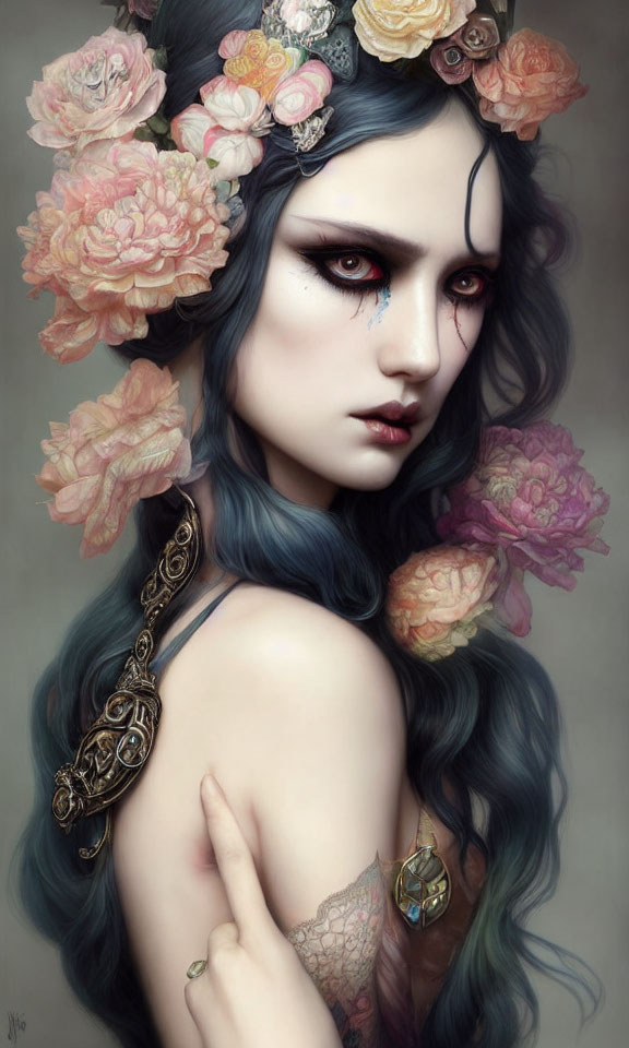 Blue-haired person with peach flowers, red eyes, and ornate shoulder jewelry gazes back.