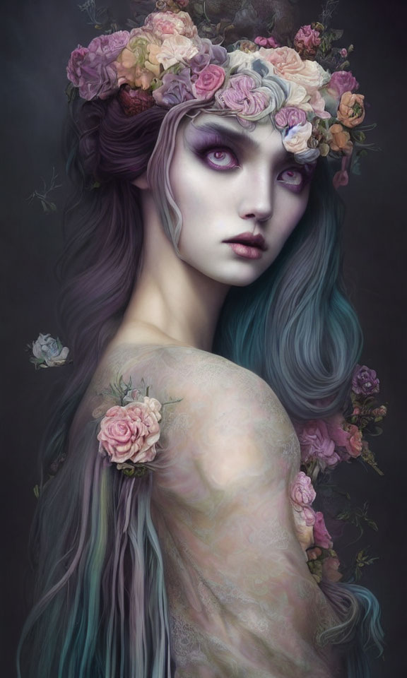 Fantasy Artwork of Woman with Floral Crown and Purple Eyes