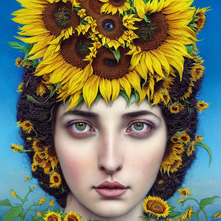 Digital Artwork: Person with Dark Curly Hair and Sunflower Headdress