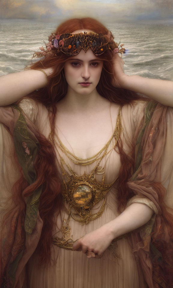 Red-haired woman in crown and elegant gown by seascape