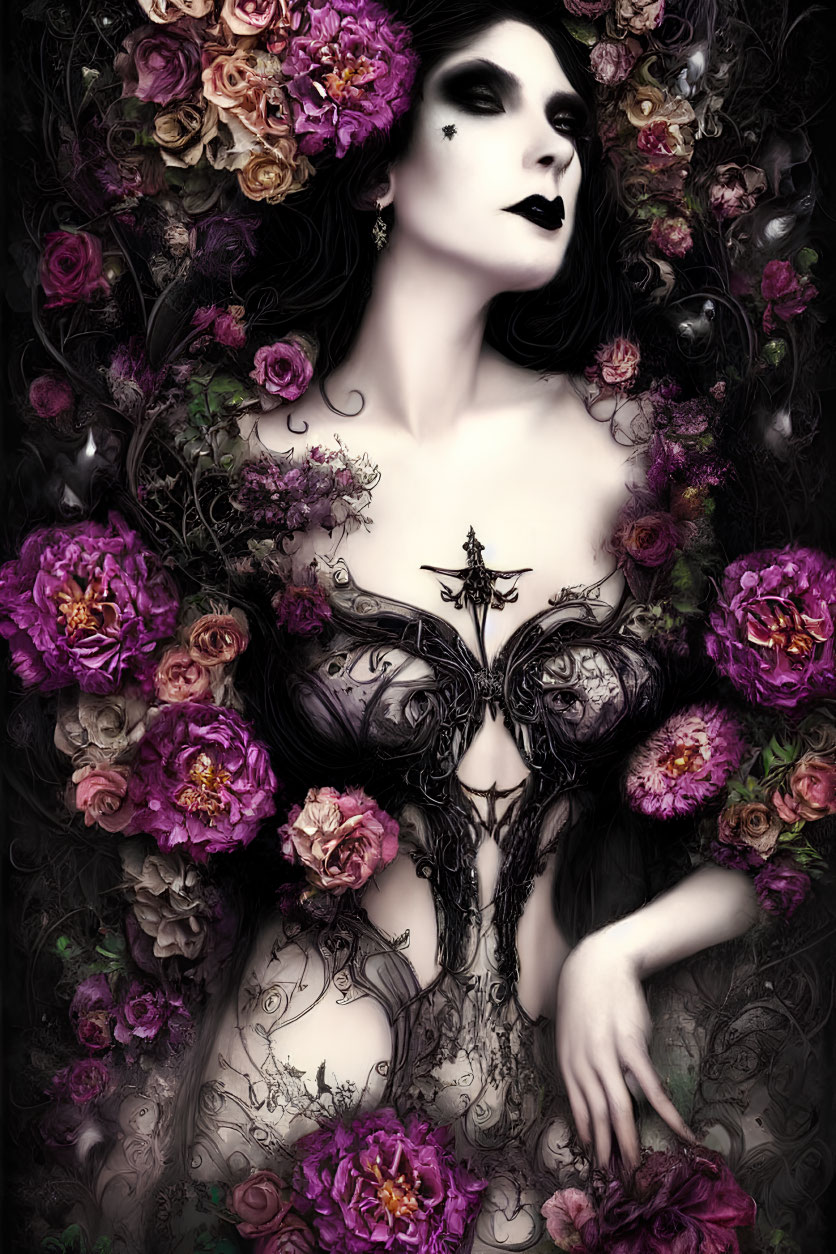 Ethereal woman in gothic attire with colorful roses and dark motifs