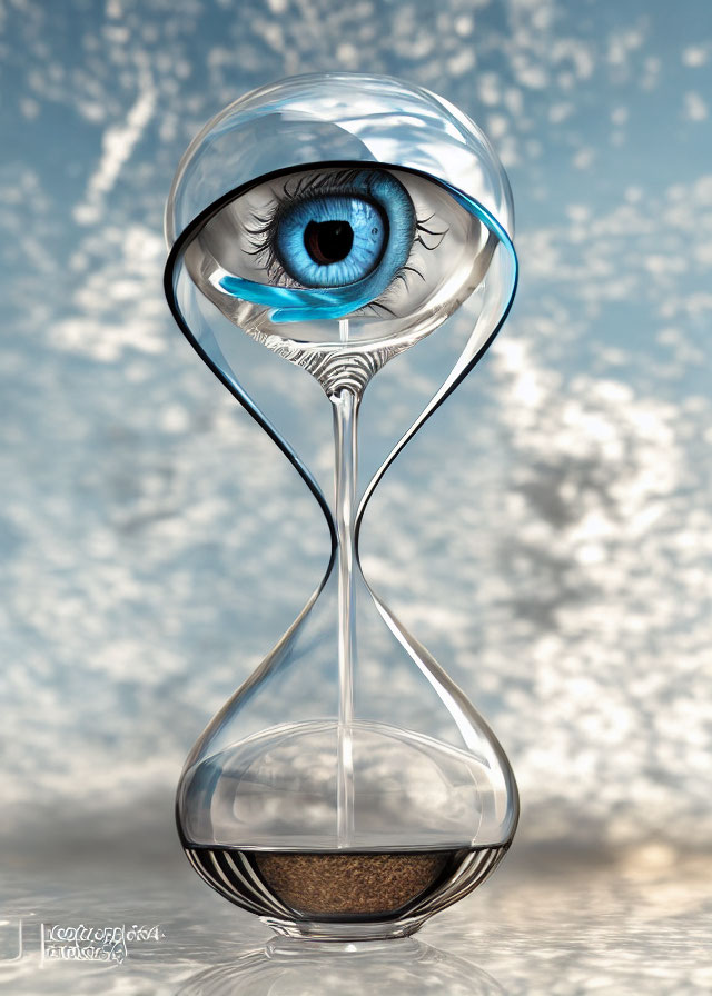 Hourglass with Realistic Blue Eye and Sand on Cloudy Background