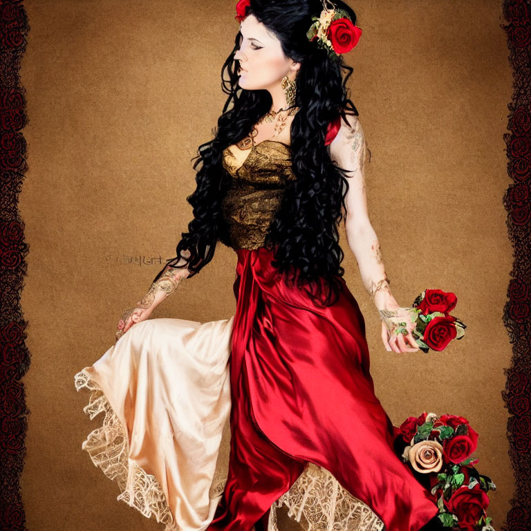 Portrait of Woman with Black Hair and Red Flowers in Gold Dress Holding Rose