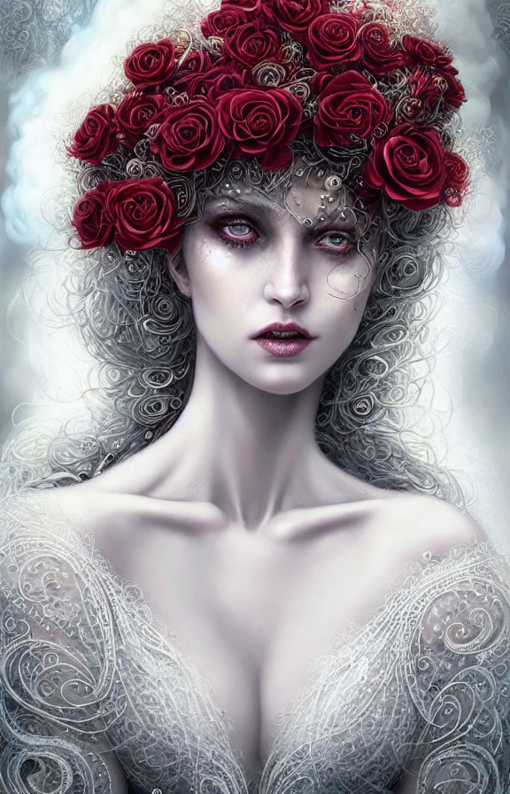 Pale woman with gray eyes wearing red rose crown and lace attire in misty setting