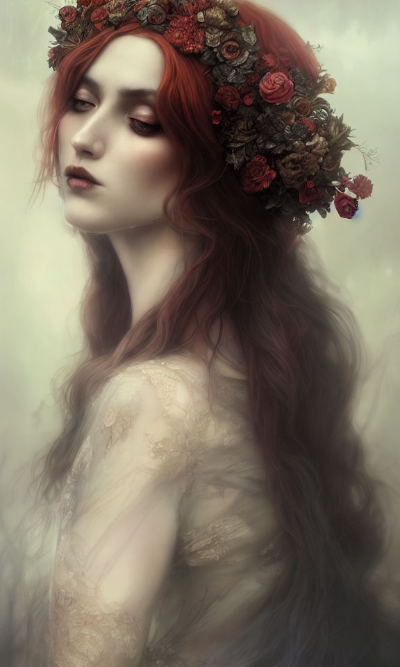 Portrait of person with red hair and floral crown in dreamlike setting