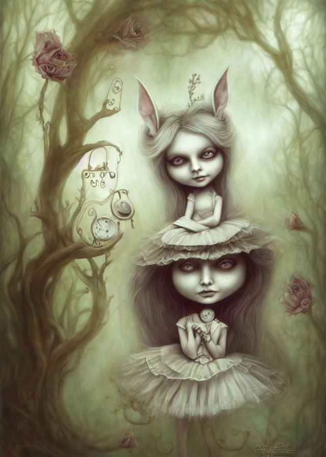 Whimsical fairy-like characters in forest with roses and pocket watches
