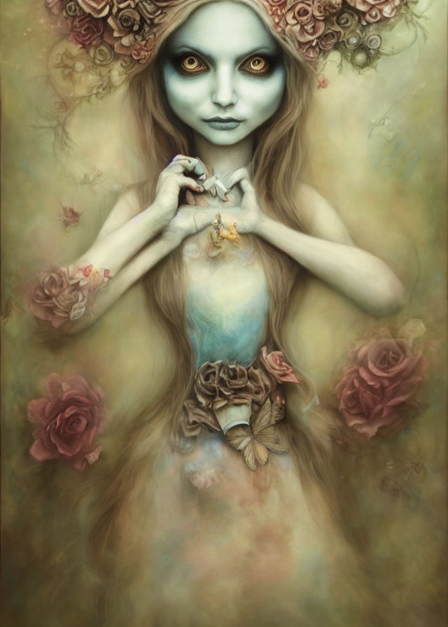 Mystical female figure with pale skin and green eyes, adorned with floral elements.