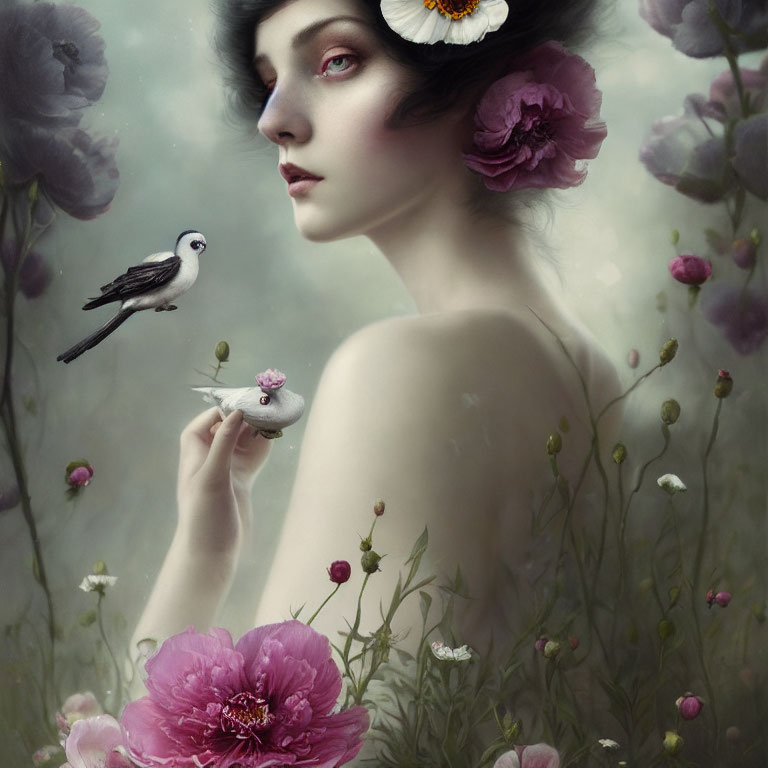 Serene woman with deep gaze in surreal floral scene with birds