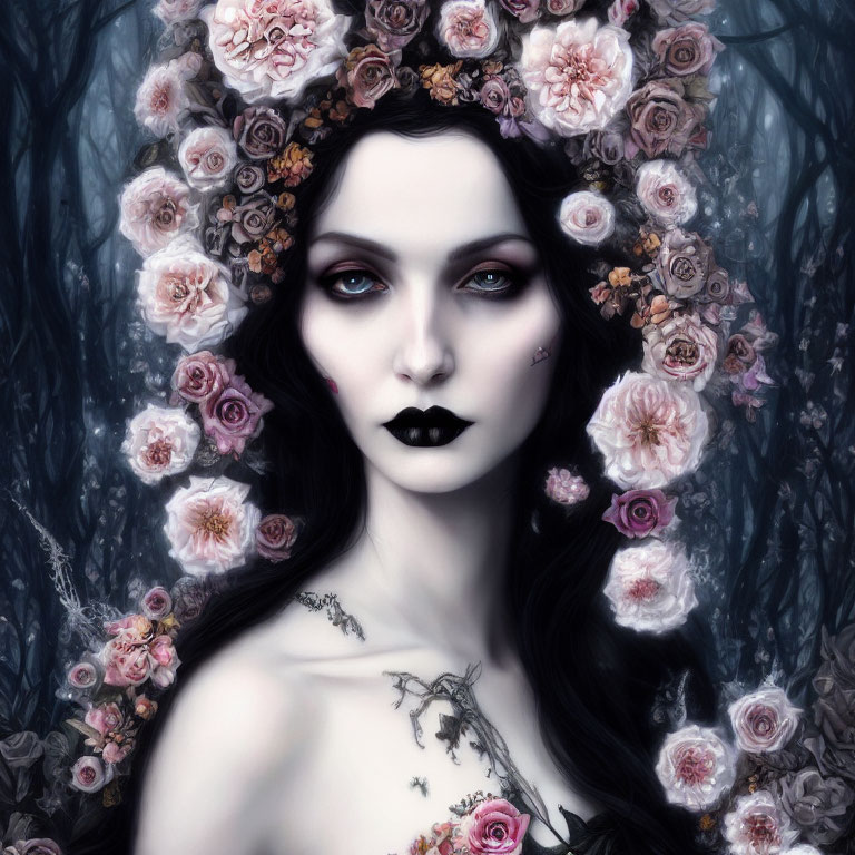 Pale-skinned woman with dark lips and rose crown in eerie portrait