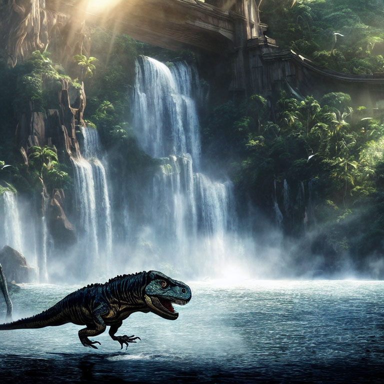 Velociraptor in Prehistoric Jungle with Waterfalls and Sunlight