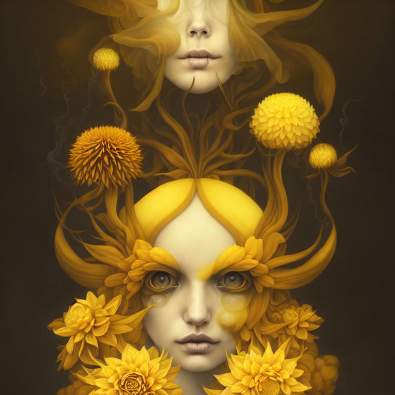 Yellow Dahlias wi/whimsical face