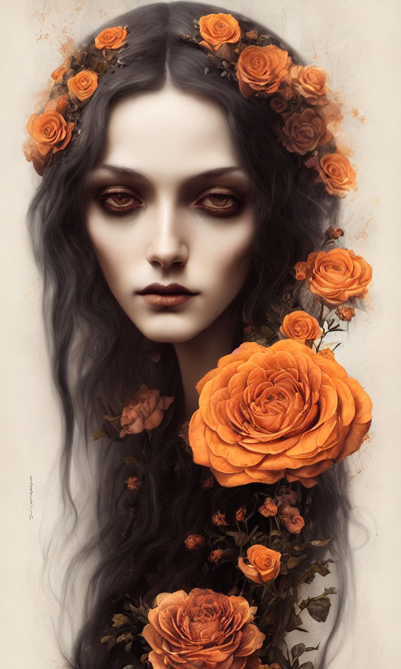 Artwork featuring woman with pale skin, dark hair, red eyes, and rose crown