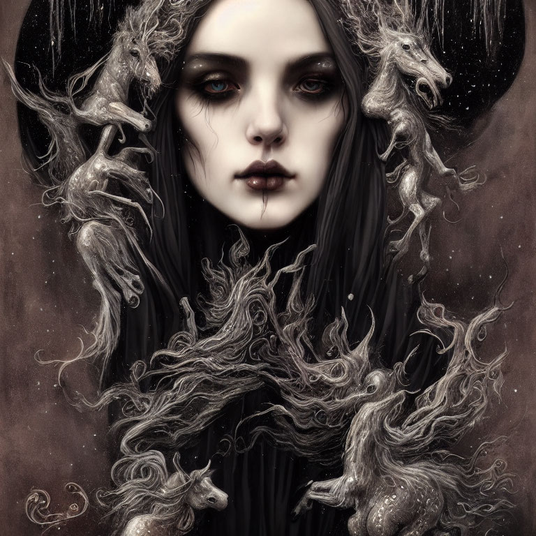 Gothic fantasy portrait of pale woman with black hair and ethereal wolf-like creatures.
