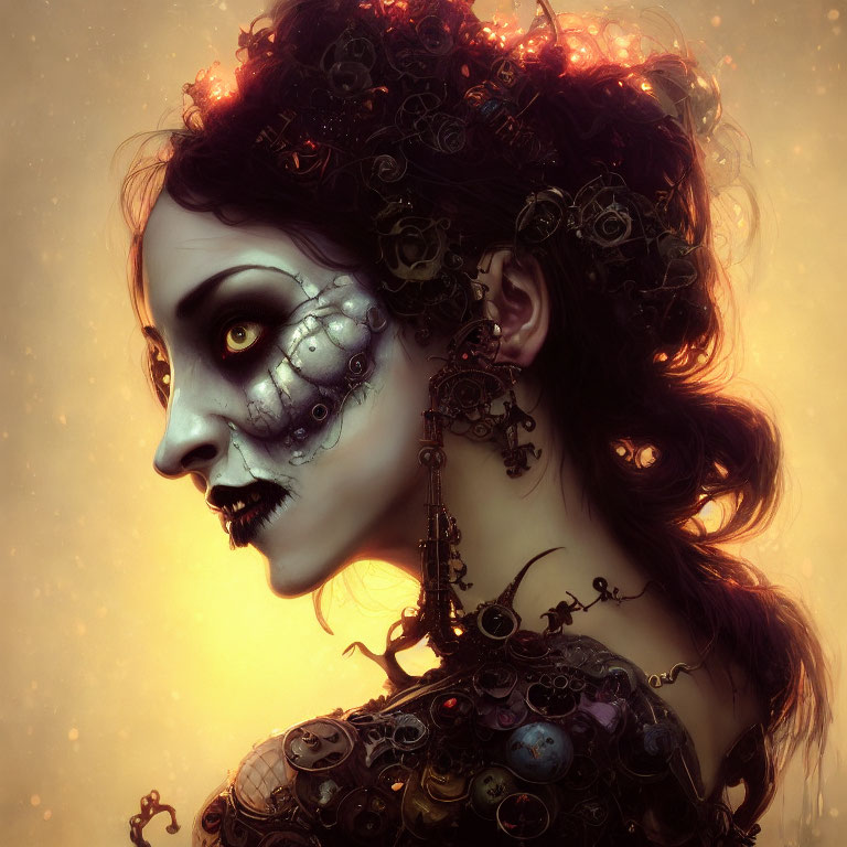 Steampunk-inspired woman with mechanical details on face in digital artwork