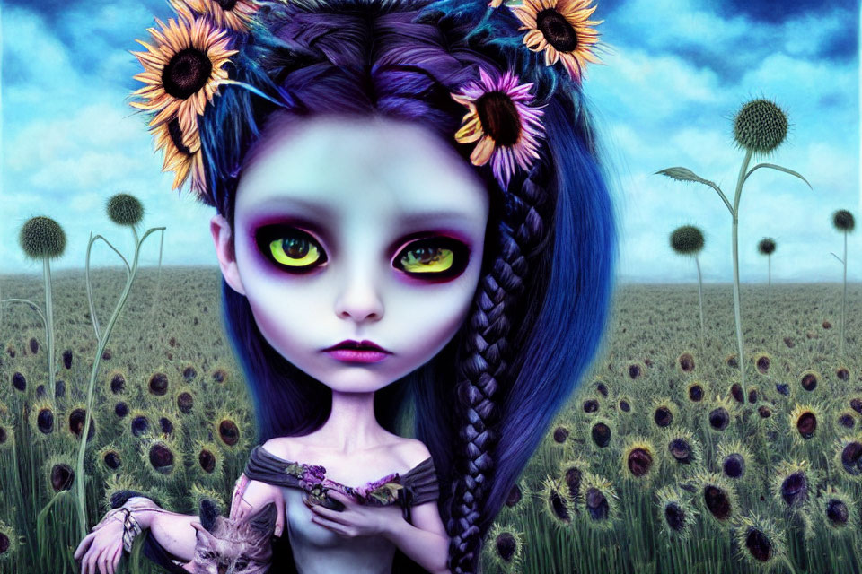 Digital artwork featuring girl with large green eyes and violet hair holding hairless cat in surreal sunflower field