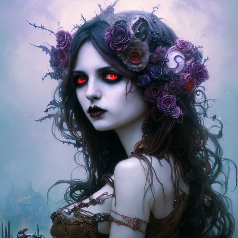 Portrait of Woman with Pale Skin, Red Eyes, Dark Hair, Crown of Purple Roses, and Gothic