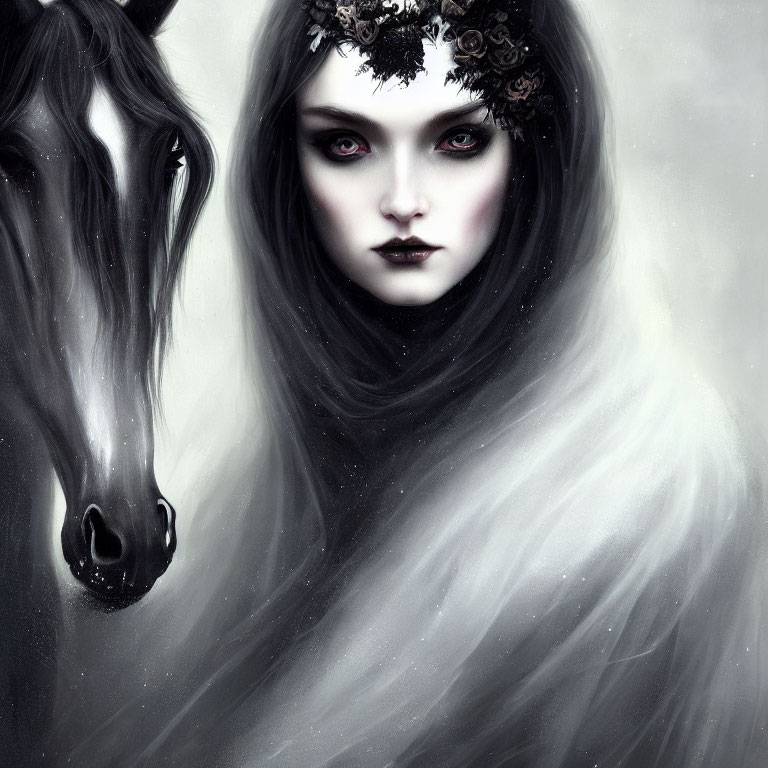 Monochrome digital painting of woman with pale skin and dark makeup and black horse in mist