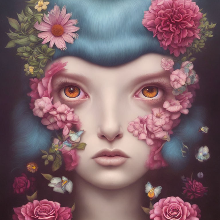 Female face with blue hair, pink flowers, orange eyes, and butterflies on dark backdrop