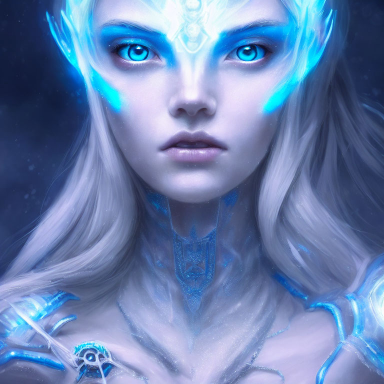 Fantasy portrait: Woman with glowing blue eyes, ethereal skin & ice-like patterns
