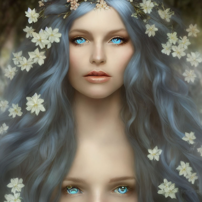 Blue-haired woman with striking blue eyes among white flowers portraits serene beauty