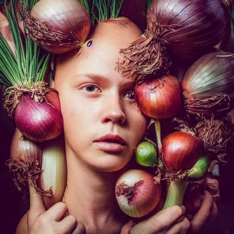 Person surrounded by vibrant green onion shoots and various onions