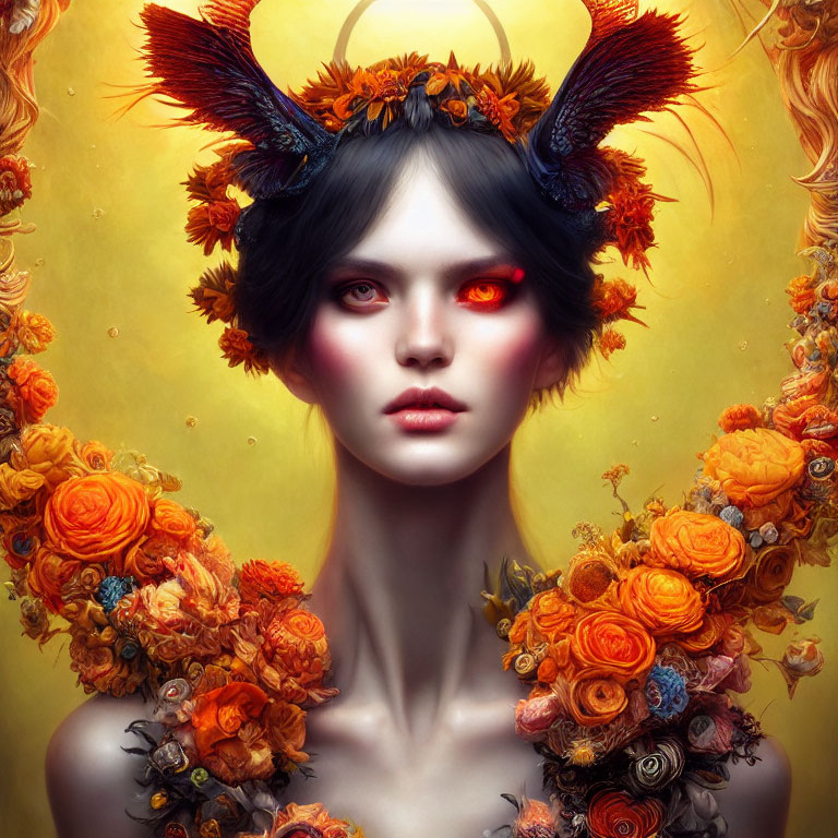 Fantasy portrait: Person with glowing red eyes, horns, surrounded by orange flowers