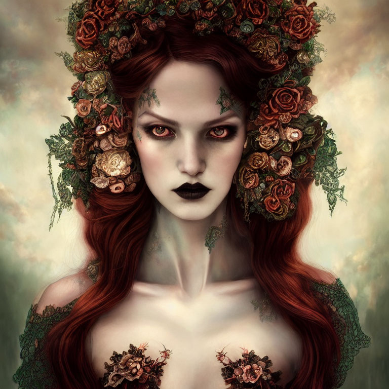 Red-haired woman with floral wreath and dark lipstick surrounded by delicate greenery