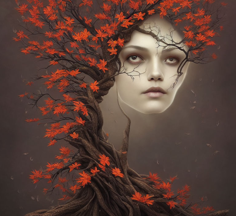 Surreal portrait of woman's face merging with autumn tree