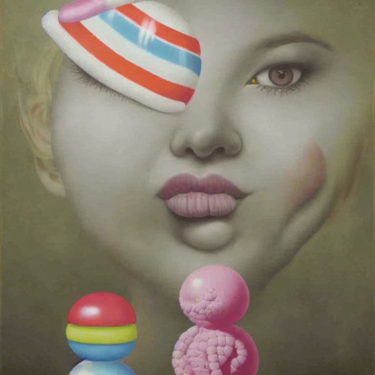 Surreal portrait: Disproportionate features, covered eye, colorful abstract figures
