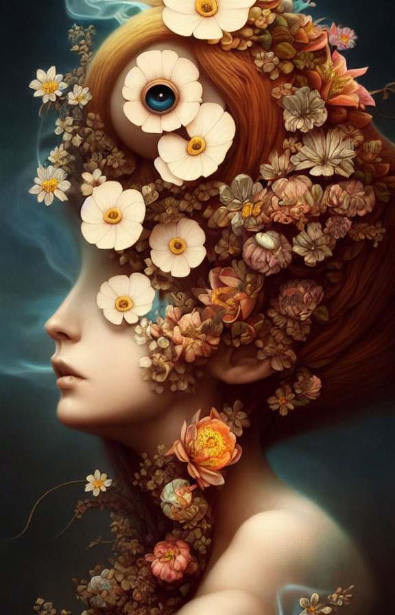 Surreal portrait of woman with eye in hair and vibrant flowers on dark backdrop
