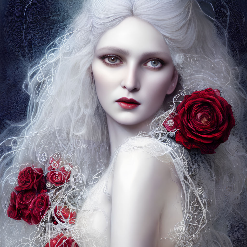 Pale Woman with Red Lips and White Hair Adorned with Red Roses on Dark Background