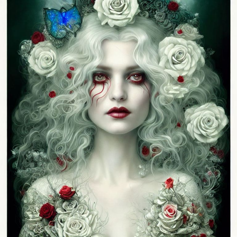 White-haired woman with white roses, red tear details, and blue butterfly.