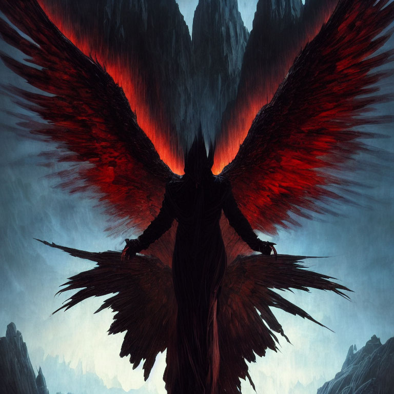 Majestic figure with fiery red and black wings in mountainous setting