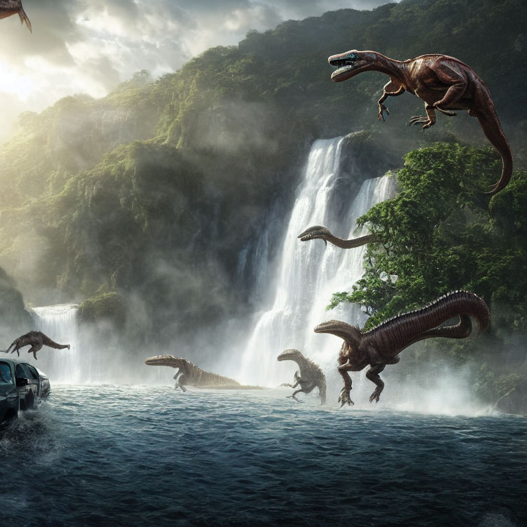 Dramatic dinosaur scene in lush landscape with waterfall