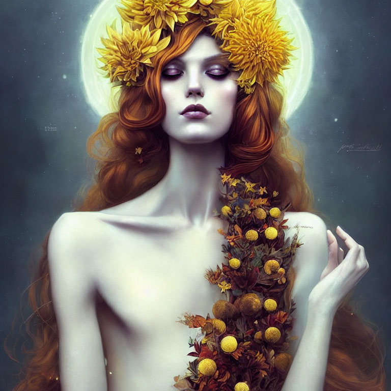Surreal portrait of woman with red hair and yellow flowers on dark background