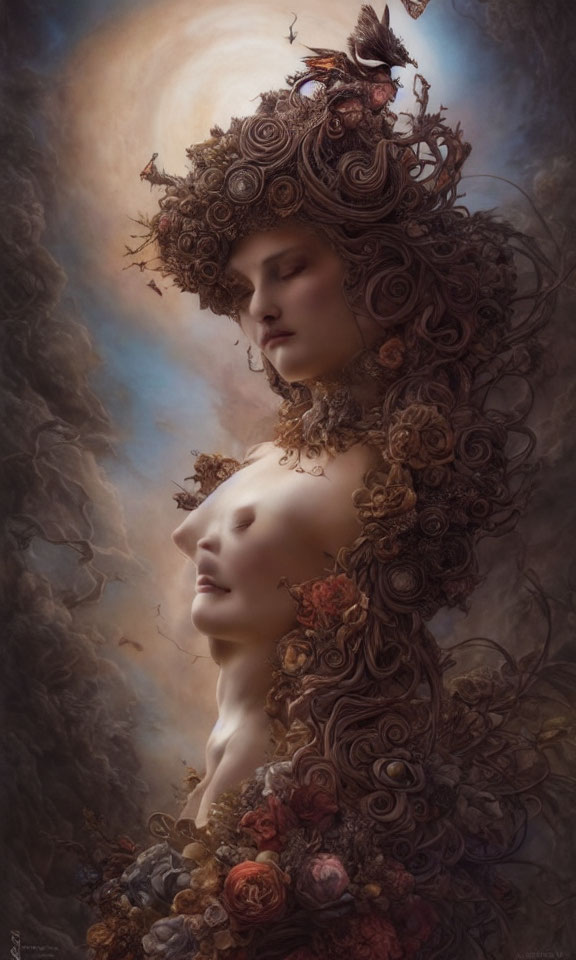 Surreal portrait featuring entwined figures with floral adornments