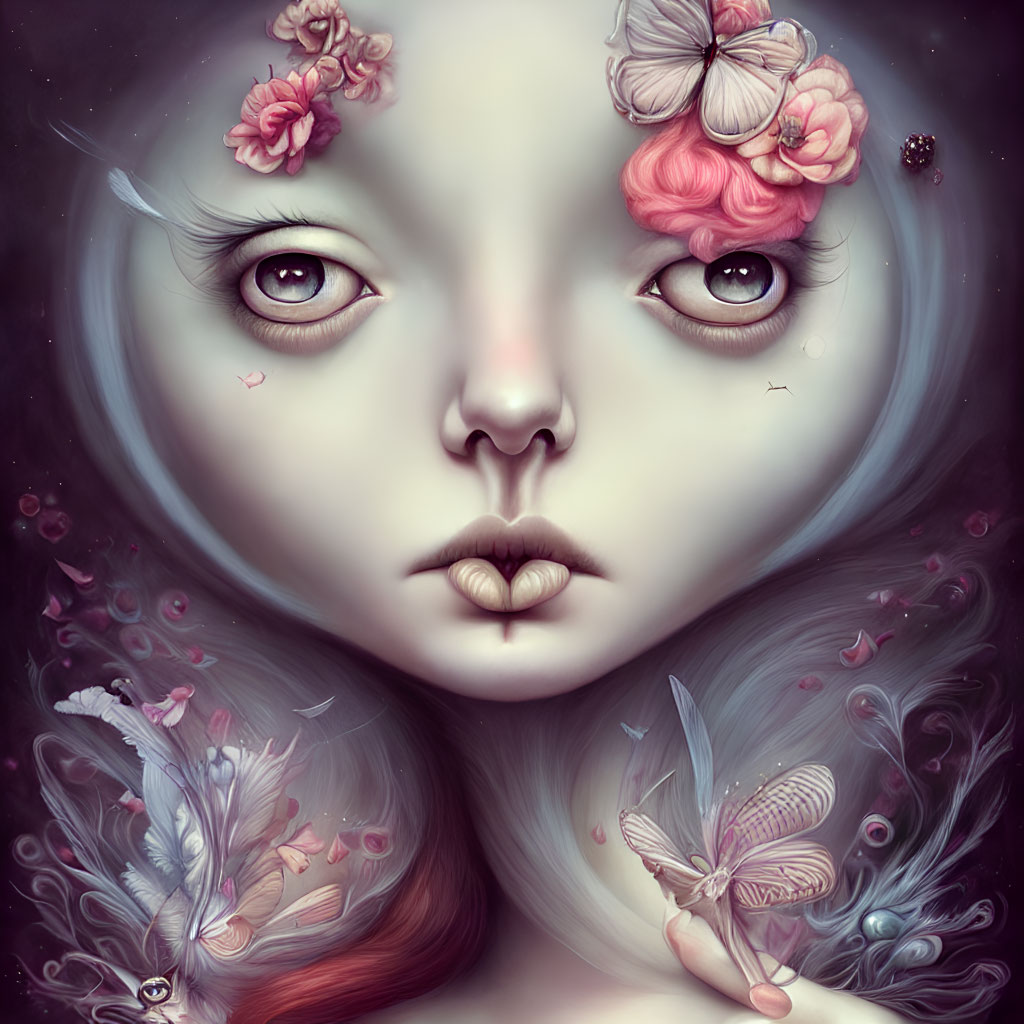 Surreal portrait of pale woman with expressive eyes, pink flowers, and butterflies.