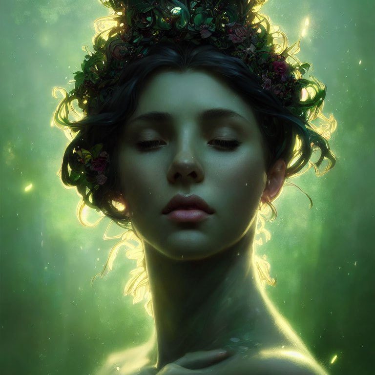 Woman with Flower Crown Glowing in Green Light